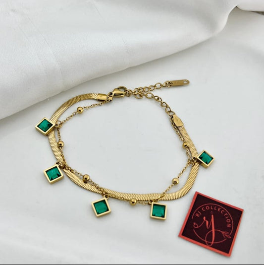 Elegant Gold Bracelet with Green Square Charms